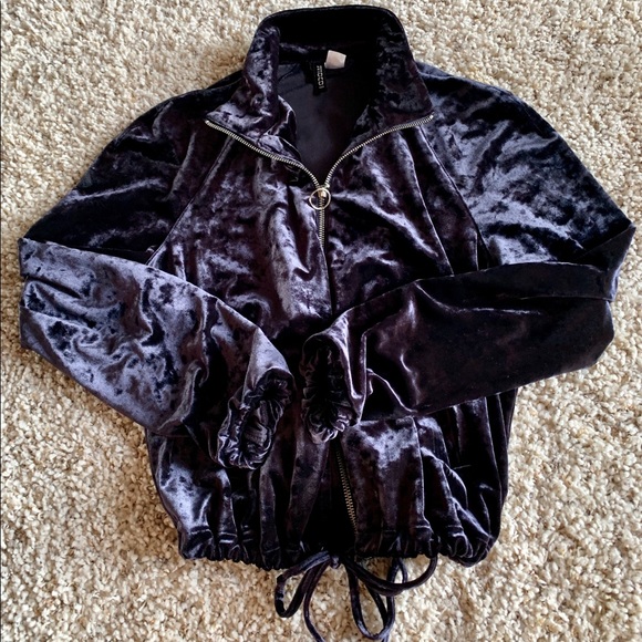 DARK BLUE VELOUR ZIP UP SWEATER - Picture 2 of 4